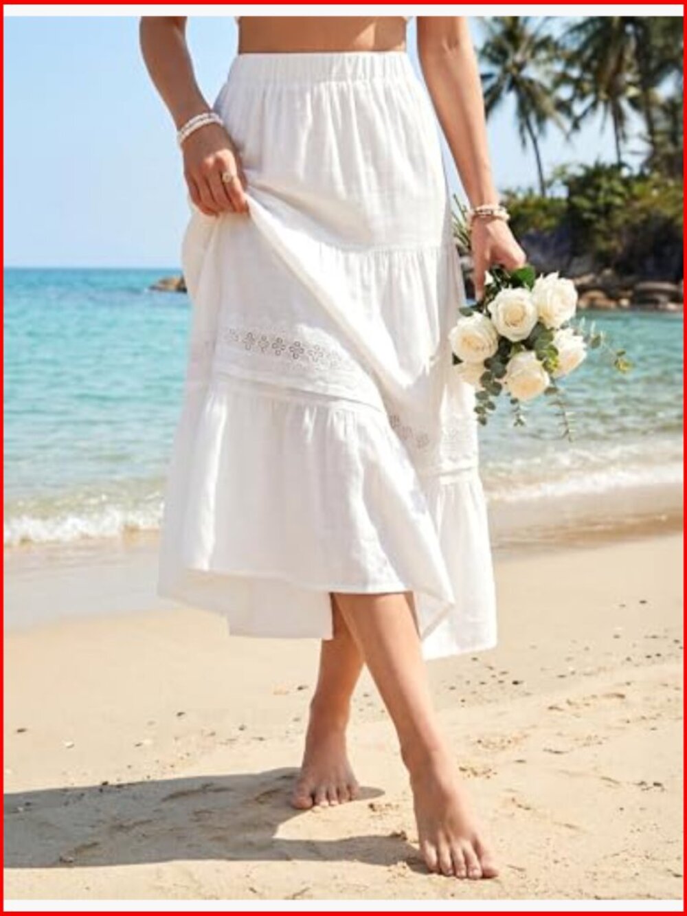 Maxi Skirt High Waist Tiered Flowy Boho Casual with Pockets - Picture 2 of 7